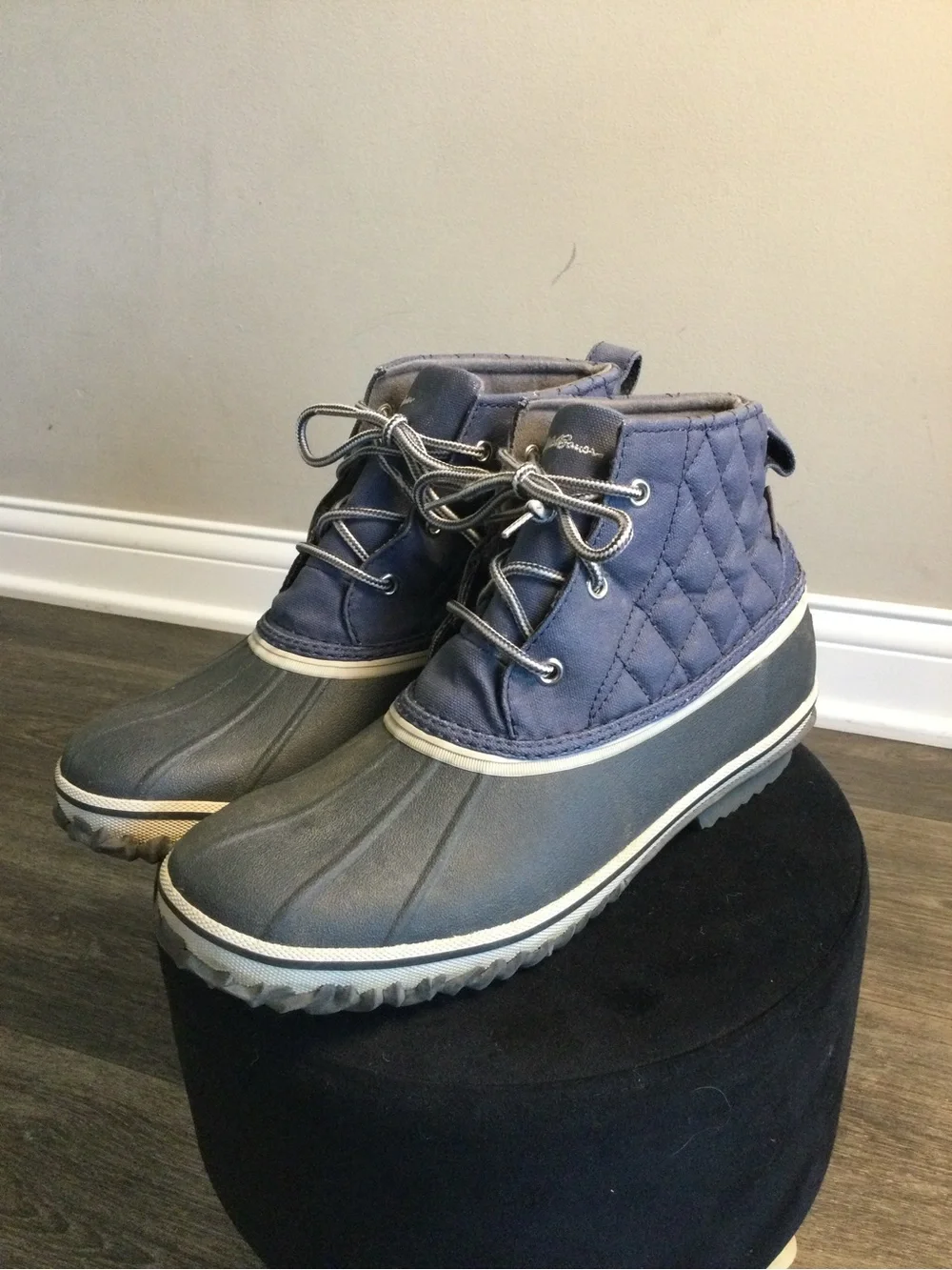 Eddie Bauer Navy and Gray Quilted Waterproof Duck Boots